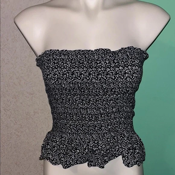 american eagle dark navy blue floral smocked tube top - Picture 1 of 3